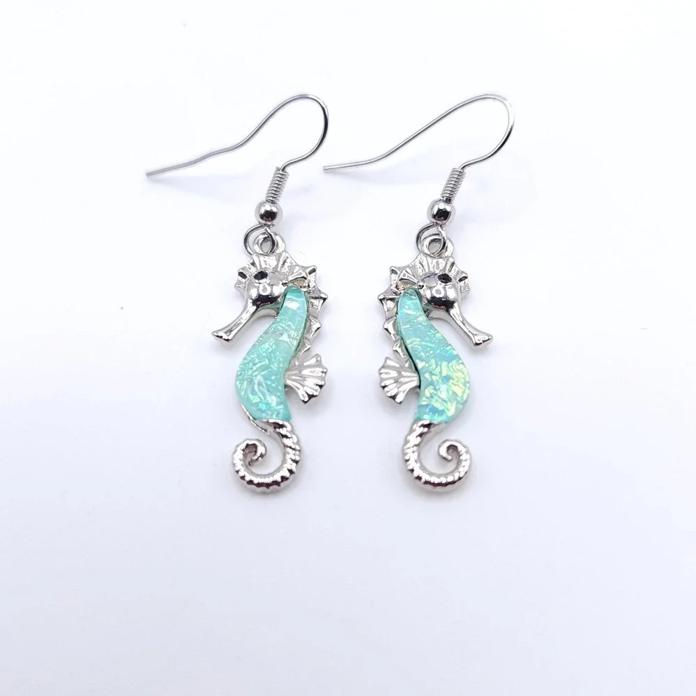 Praymos Seahorse Dangle Earrings Aqua Enamel Silver Tone Nautical Drop Pair - Picture 5 of 5